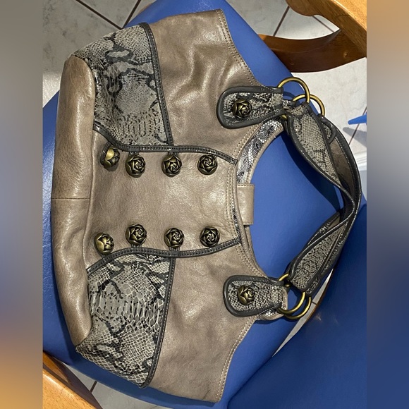BetsyJohnson br leather/faux snakeskin trim,gold roses buttons hobo - Picture 12 of 16
